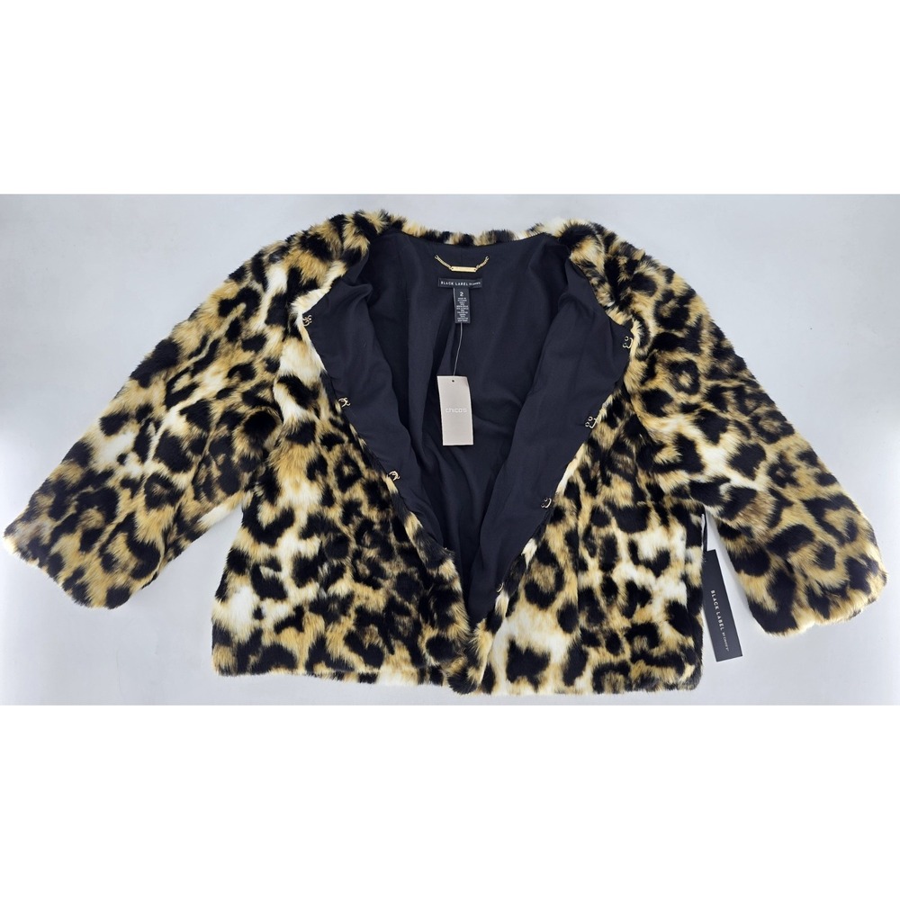 Black Label Chico's Faux Fur Jacket‎ 3/4 Sleeve Leopard - SZ: 2  - H002-13 - NWT
